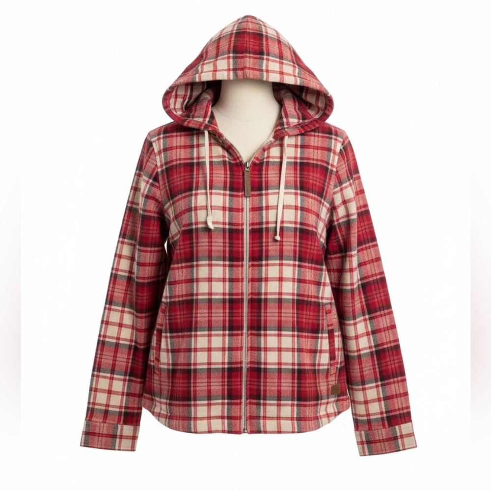 Womens Reddish Pink Plaid Hooded Flannel Jacket